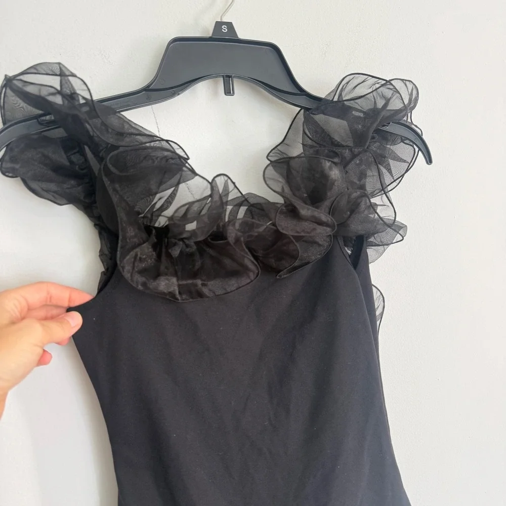Free People Intimately Black Ruffle Organza Trim Bodysuit Small OB1085145